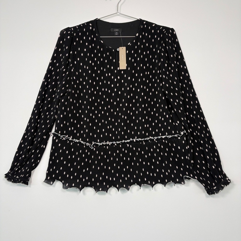 NWT J.Crew Womens Blouse M Black Polka Dot Pleated Peplum AI032 Long Sleeve